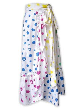 MIRA MIKATI Flowy Skirt White Ruffle Wrap Feminine Cotton Scribble Polka Dot